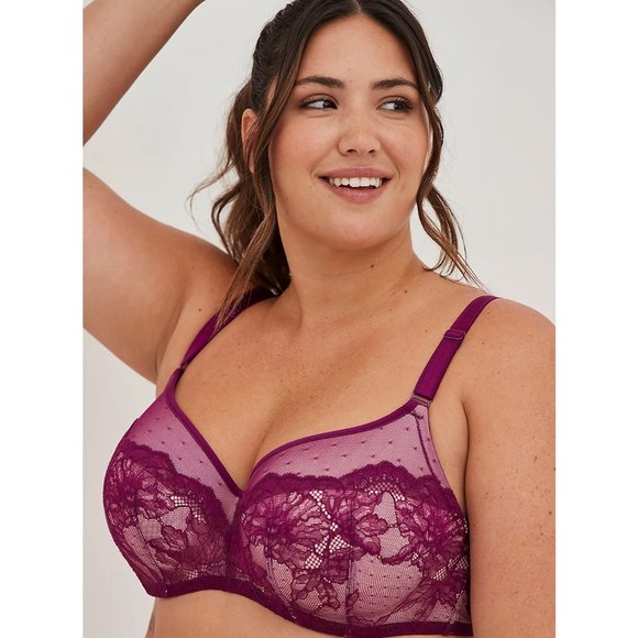 Torrid Lightly Lined Full Coverage Balconette Bra Purple Dotted Lace , 40DDD NWT - Picture 1 of 5